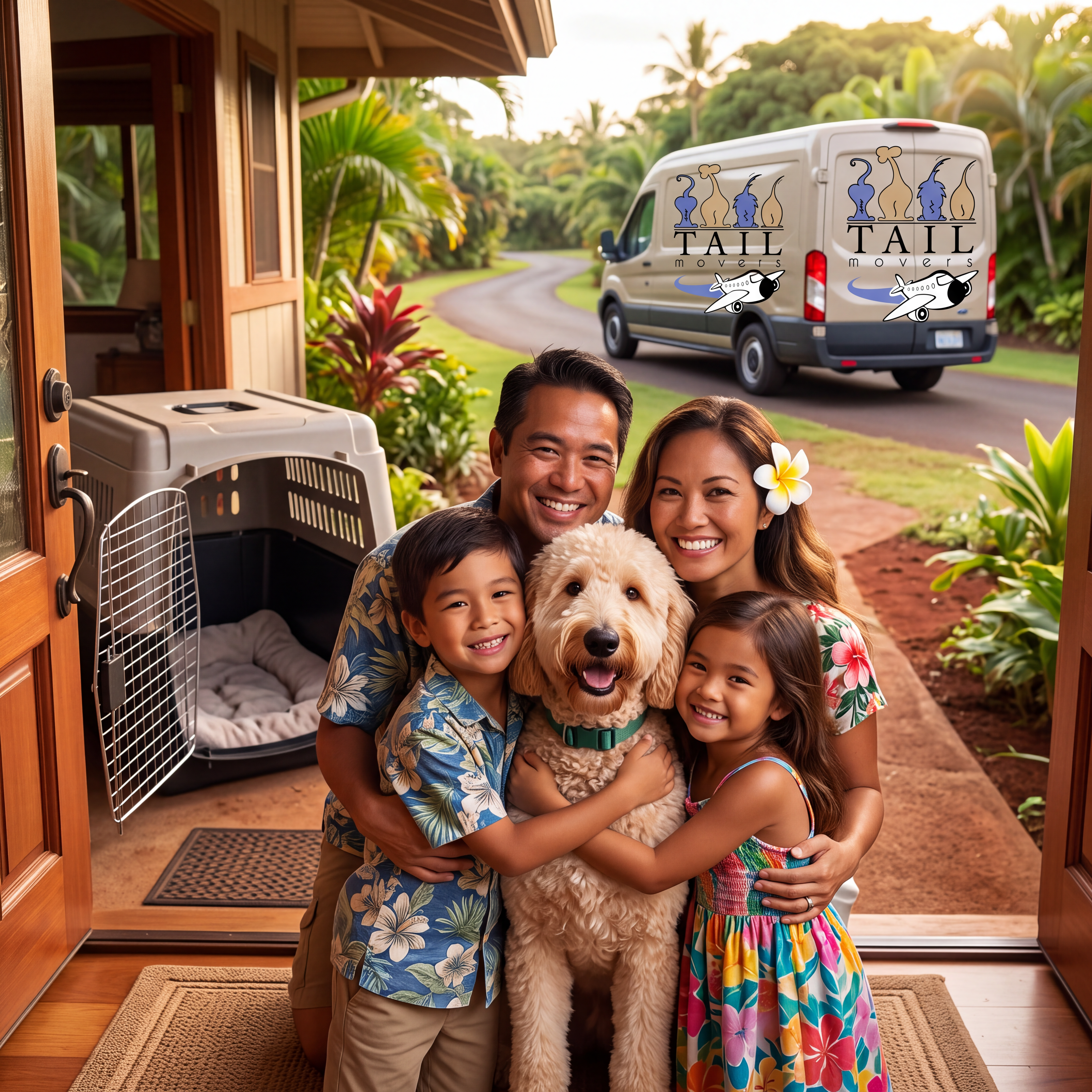 image of Hawaii family hugging their dog, and a Tail Movers van leaving in the background